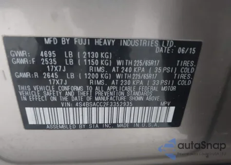 2015 Subaru Outback 2.5I Premium z USA, uszkodzony, nr VIN 4S4BSACC2F3352935